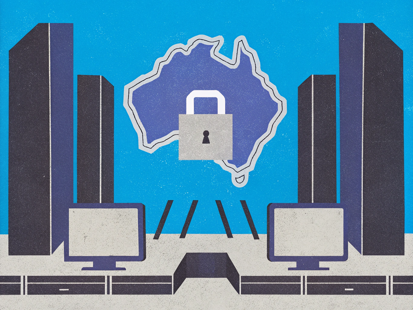Map of Australia with a padlock, flanked by server racks and connected by two computer monitors, symbolizing data security.