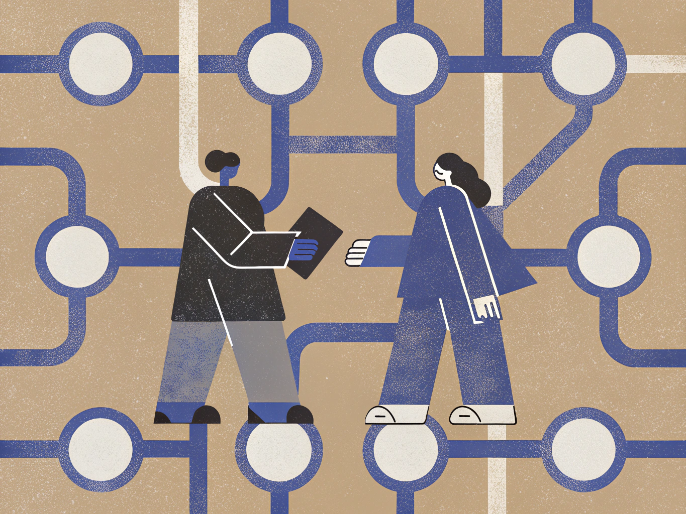 Stylized illustration of two figures, one extending a document or tablet to the other, against a background of connected nodes and pathways.