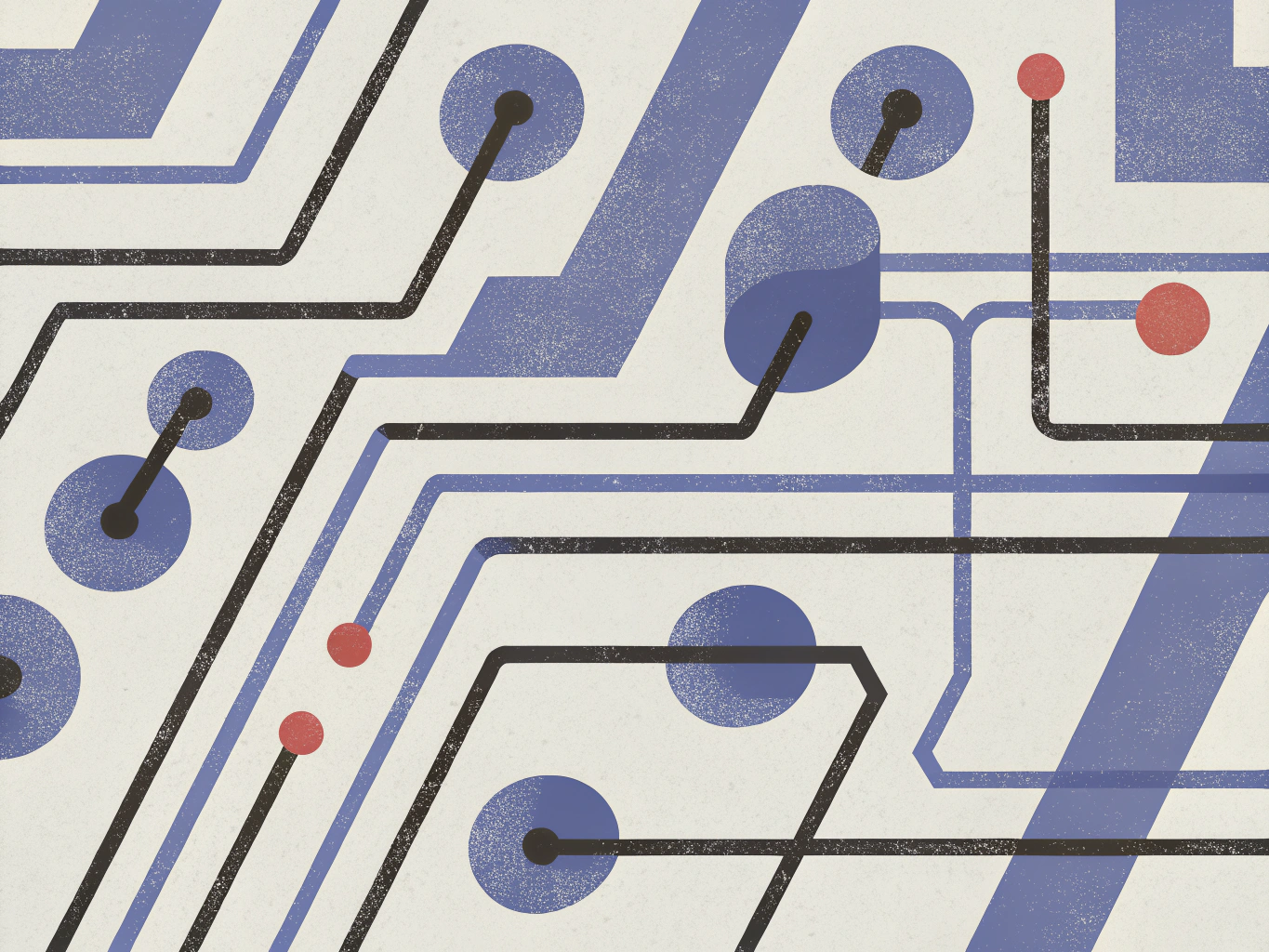 Stylized circuit board pattern with blue traces, black lines, and red circular connection points on a textured cream background.