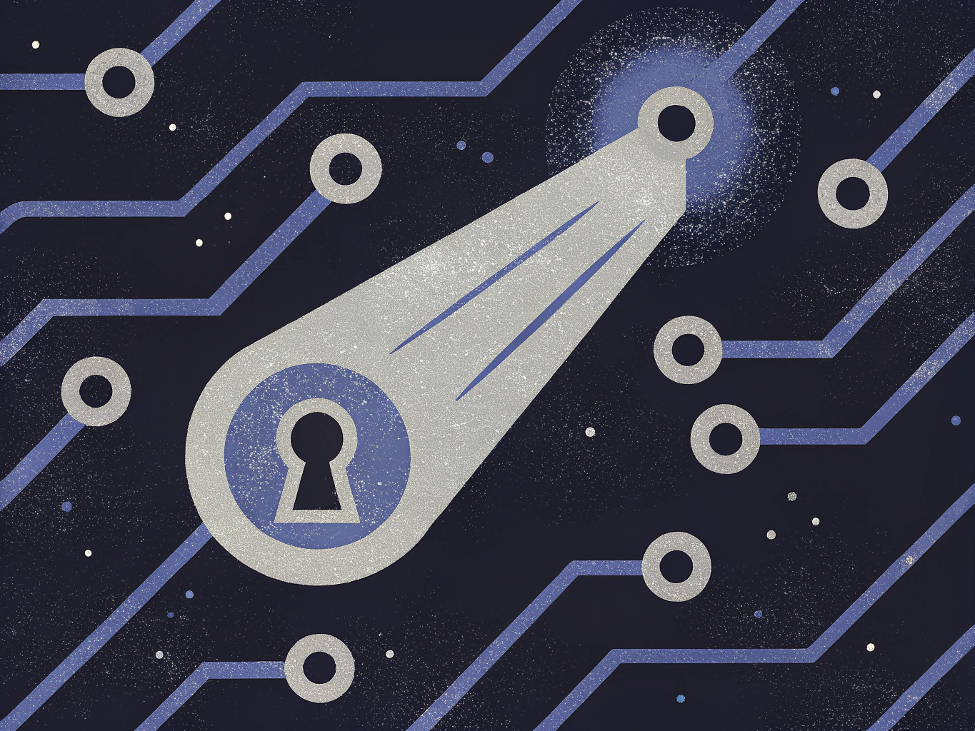 Keyhole symbol within a silvery beam, highlighting a glowing connection on a dark blue circuit board.