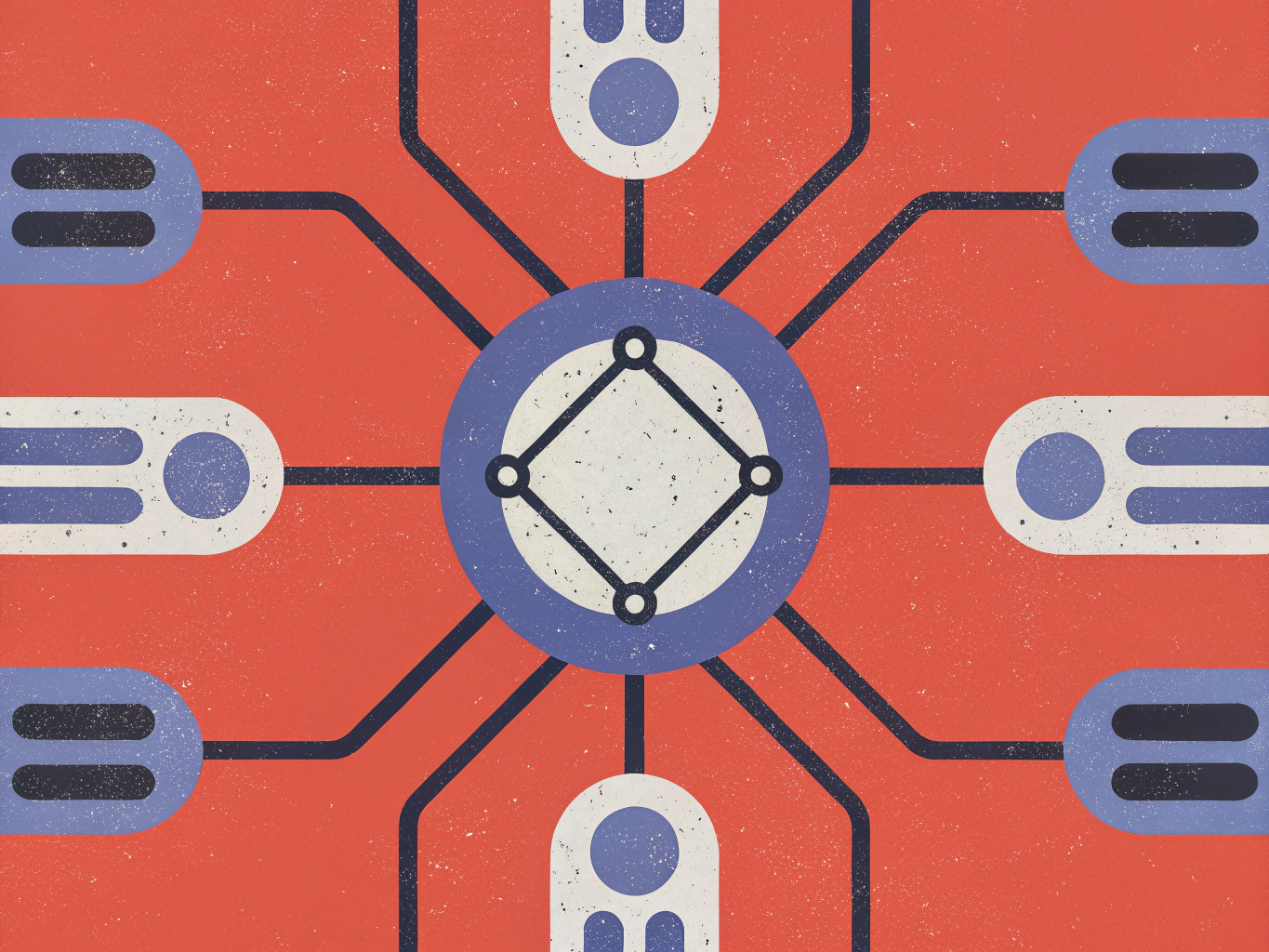 Abstract network diagram featuring a central blue hub with a white diamond, connected by dark lines to eight peripheral nodes, on a textured red background.