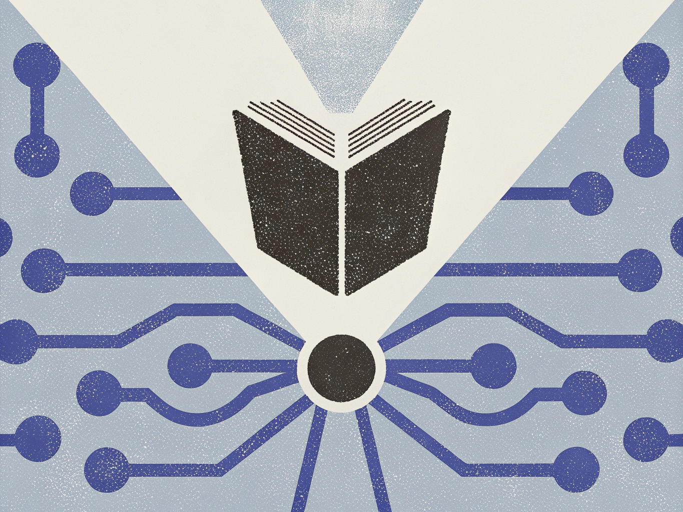 Stylized open book above a central circuit node, connected to radiating blue circuit lines on a light blue background.