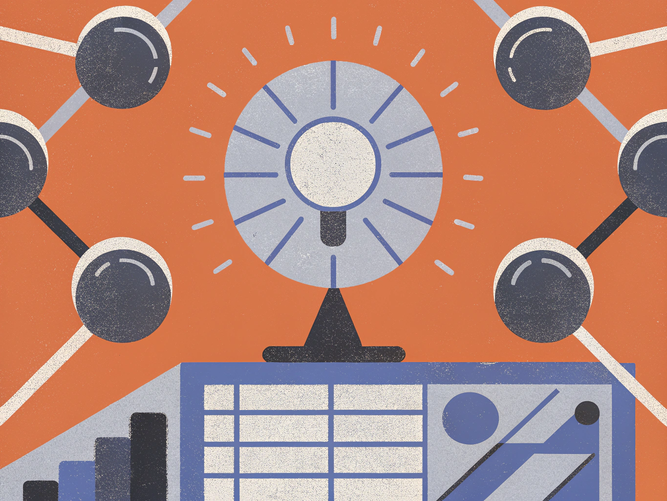 "Stylized illustration of a glowing lightbulb above a data dashboard with charts and a grid, surrounded by interconnected nodes on an orange background."