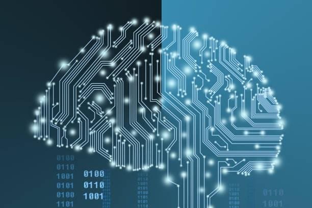 "Human brain formed by glowing circuit board lines and dots, with binary code on a dark and light blue background."