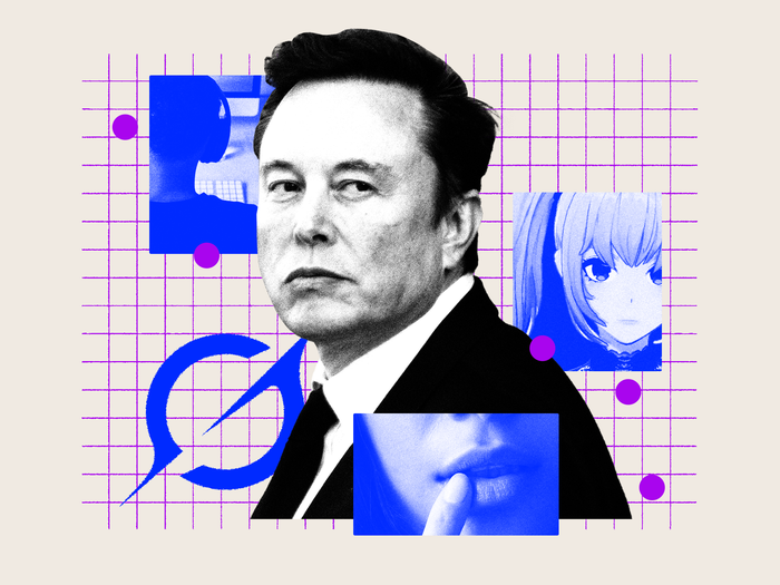 Collage featuring a black and white portrait of Elon Musk on a grid background, with blue and purple graphic overlays including an anime face, a finger shushing lips, a censored speech bubble, and a person at a computer silhouette.
