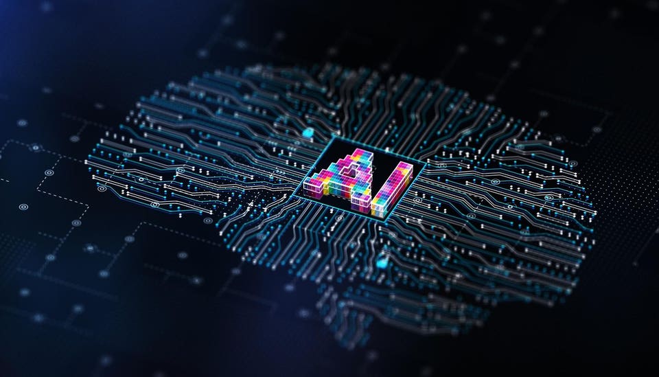 Digital brain made of circuit lines with colorful, pixelated "AI" letters at its core.