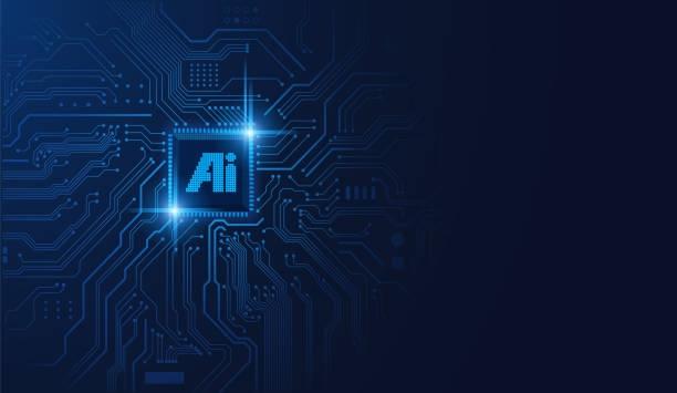 Glowing 'AI' chip on a blue circuit board background.
