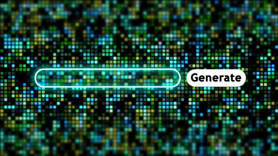 Glowing light blue input field next to a white "Generate" button, against a background of green and blue digital pixels.