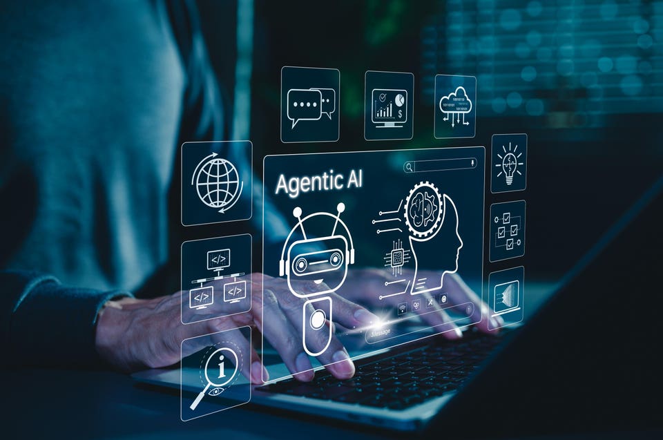 Holographic interface displaying "Agentic AI" and digital icons for a robot, brain with gears, globe, and data charts, overlaid on a person typing on a laptop.