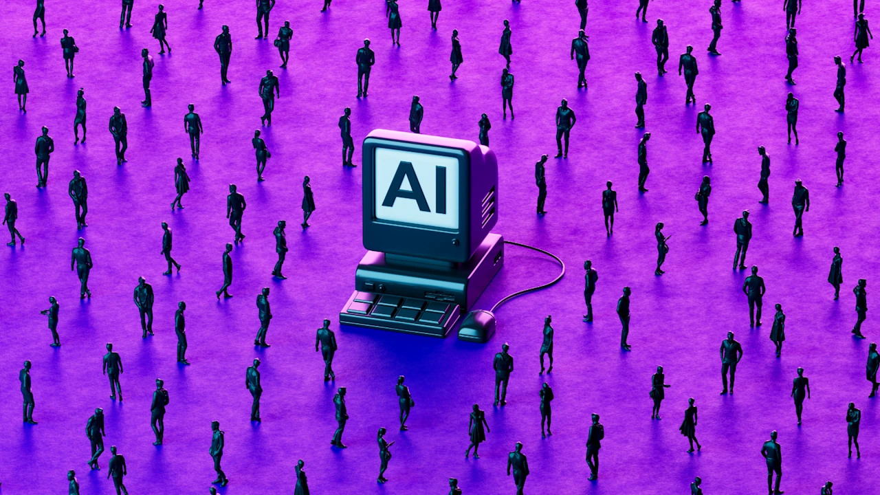 A retro computer displaying "AI" on its screen, surrounded by many small human figures on a vibrant purple background.