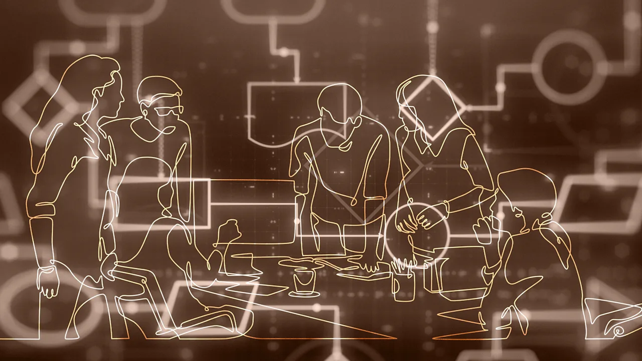 Glowing line art illustration of a group of people collaborating around a table, against a background of abstract digital process diagrams.