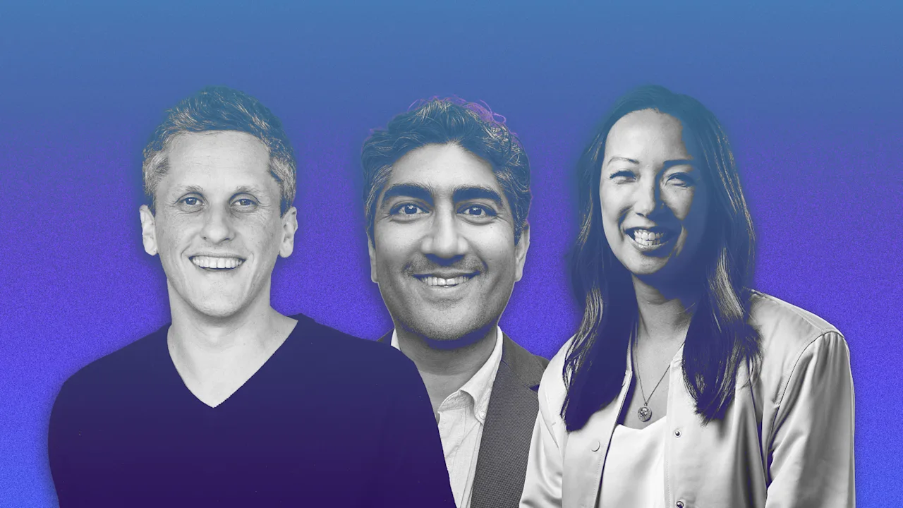 Three smiling individuals: a man with short hair, another man with dark wavy hair, and a woman with long dark hair, against a blue-purple gradient background.