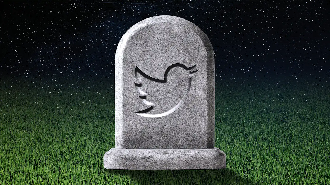 Graveston with the Twitter bird logo carved into it, set in green grass under a starry night sky.