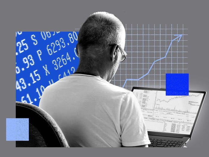Person from behind looking at a laptop displaying financial charts and data, against a blue background featuring stock market numbers and an upward trending line graph.