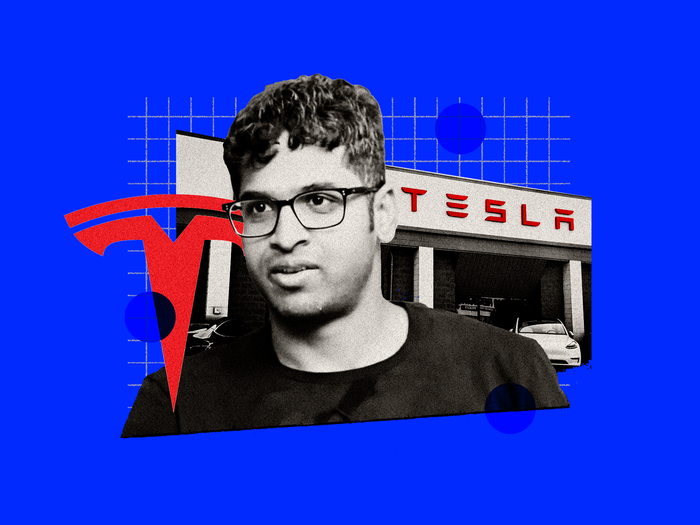 Man in glasses against a stylized background featuring a Tesla dealership and a large red Tesla logo.