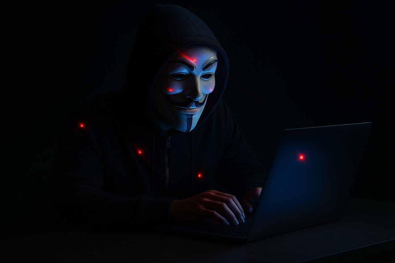 Person wearing a Guy Fawkes mask and dark hooded sweatshirt typing on a laptop in a dark environment, with red glowing accents on the mask, hoodie, and laptop.