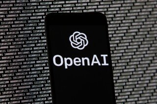 Smartphone screen displaying the OpenAI logo and wordmark against a background of binary code.