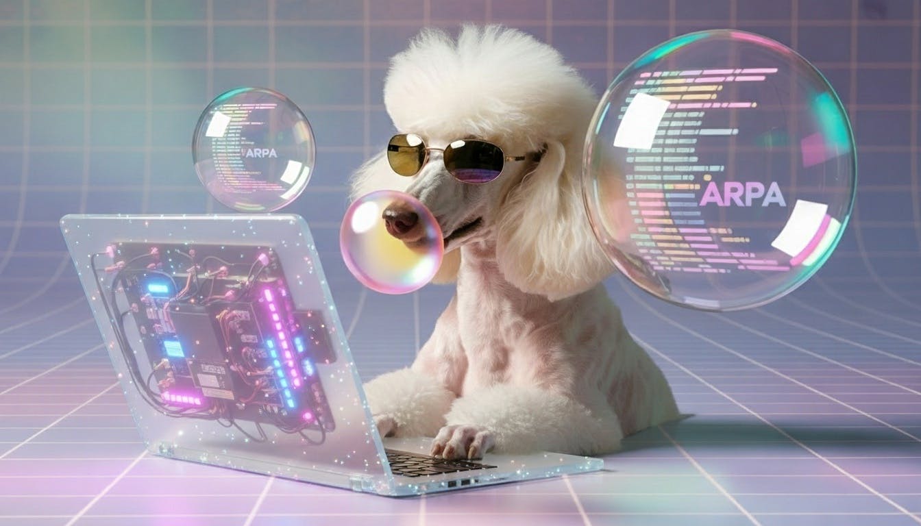 White poodle wearing sunglasses and blowing a bubble gum bubble, typing on a laptop with exposed neon circuitry. Two large bubbles float nearby, displaying glowing code and "ARPA" text in a retro-futuristic style.