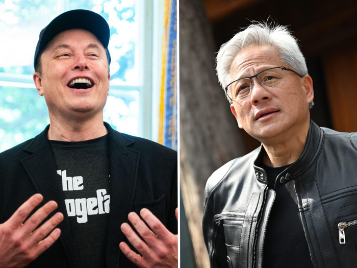 Elon Musk laughing and gesturing in a black cap and blazer, next to Jensen Huang in a black leather jacket and glasses.