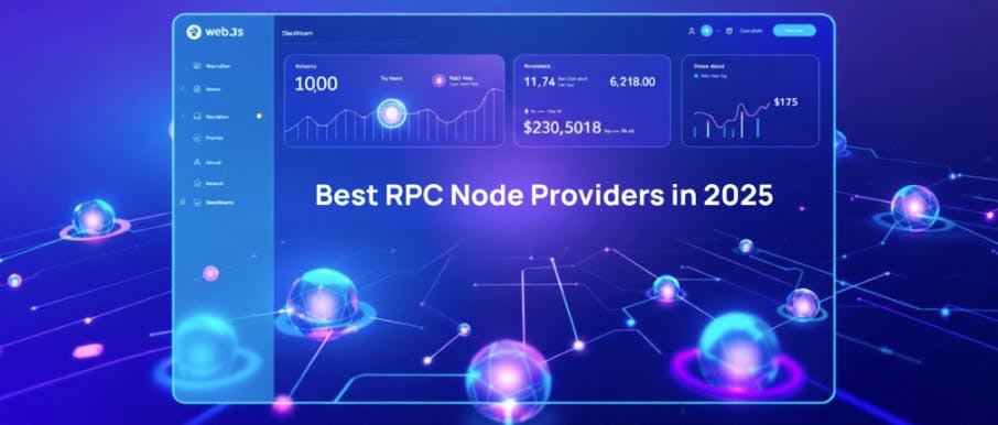 "web.js digital dashboard displaying charts, data, and the title 'Best RPC Node Providers in 2025' on a glowing network background."
