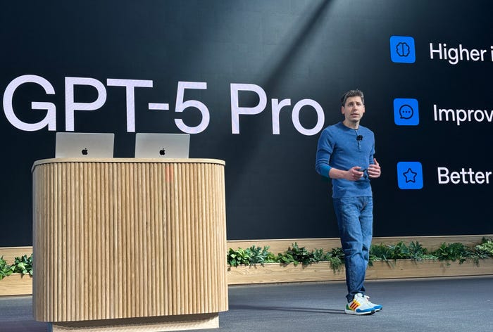 Man speaking on stage in front of a large screen displaying "GPT-5 Pro" and bullet points about features, with a wooden podium and two laptops to his left.