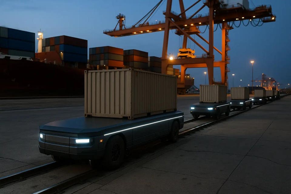 Autonomous transport vehicles carrying shipping containers along railway tracks at a dimly lit shipping port, with a cargo ship and large cranes in the background.