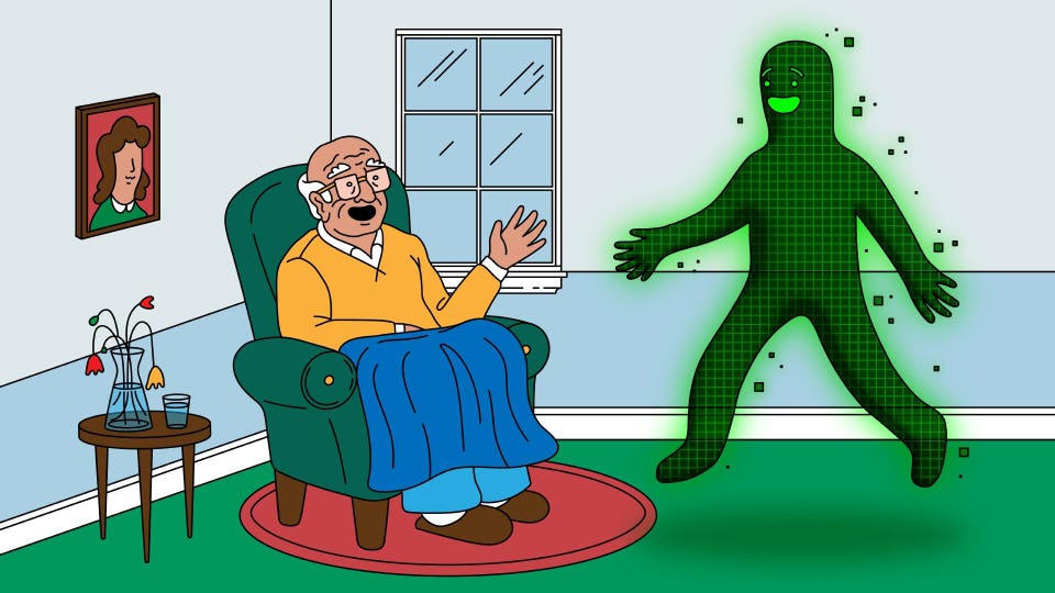 Elderly man in an armchair surprised by a glowing green, grid-patterned digital figure.