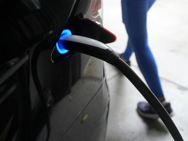 Charging cable plugged into an electric car, with the port glowing blue.