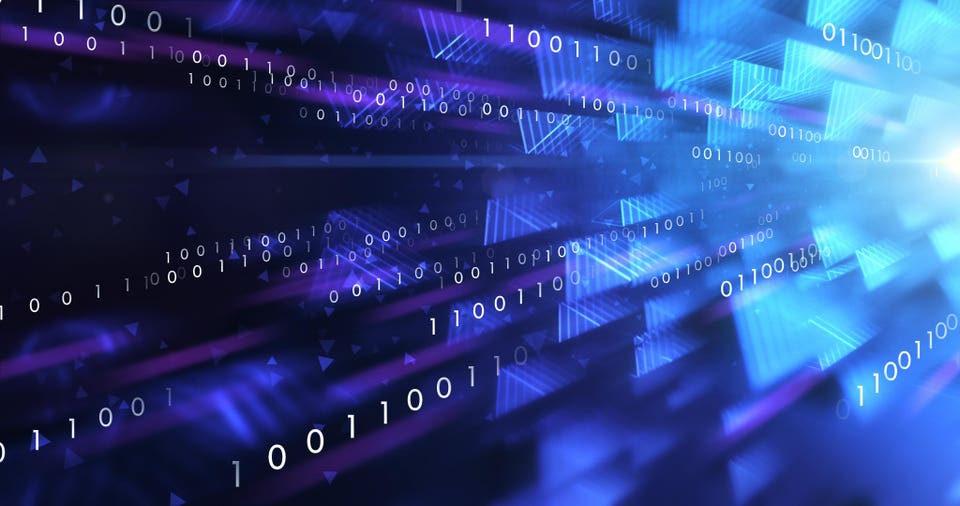 Abstract digital background with binary code and glowing blue and purple light.