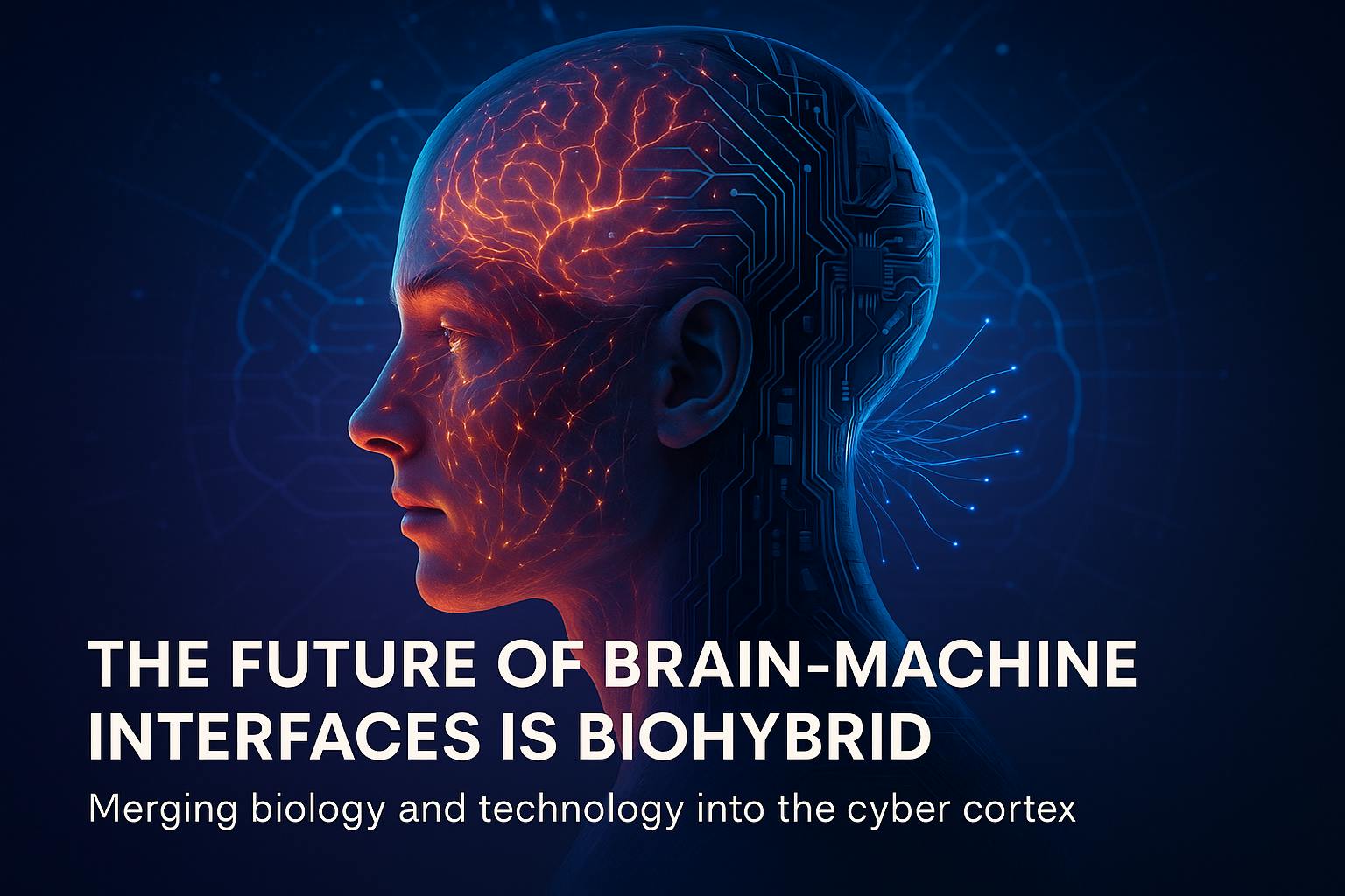 Human head in profile with glowing neural networks on one side and circuit board patterns on the other, symbolizing biohybrid brain-machine interfaces.