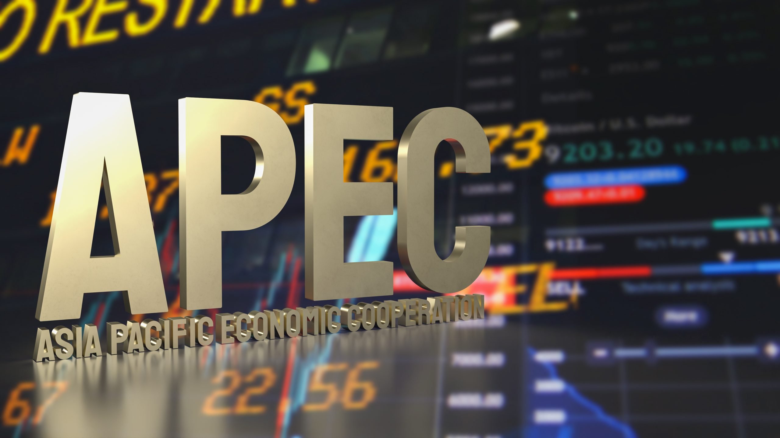 Large gold letters spell "APEC" with "Asia Pacific Economic Cooperation" below, against a blurred background of financial charts and numbers.