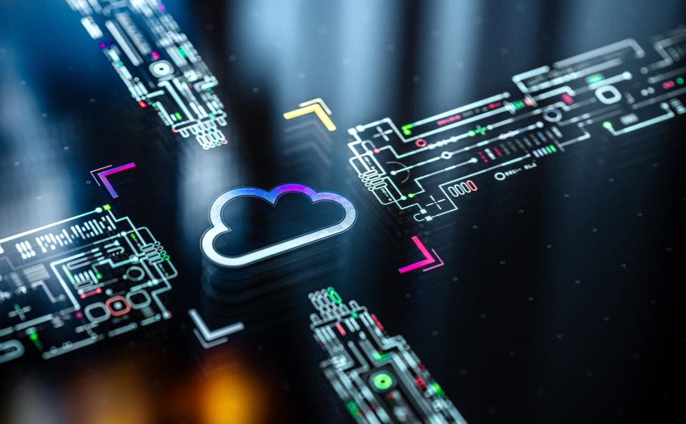 Glowing cloud icon surrounded by digital circuit patterns and colorful arrows on a dark background.