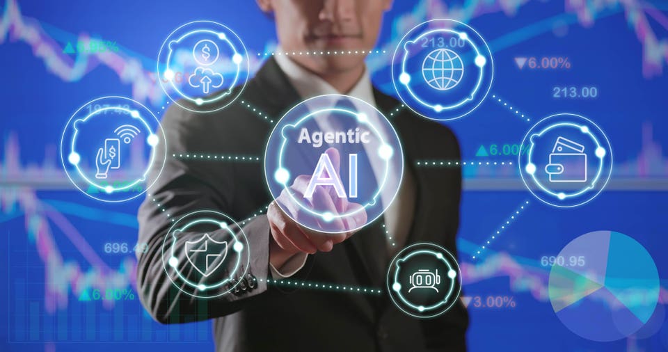 A businessman interacting with a holographic "Agentic AI" interface, surrounded by icons representing finance, global business, security, and mobile payments, against a background of financial charts.