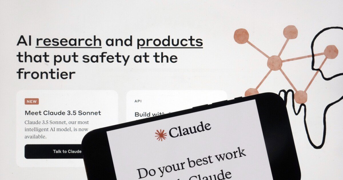A website displays the headline "AI research and products that put safety at the frontier" and an announcement for "Claude 3.5 Sonnet." A smartphone in the foreground shows the Claude logo and the text "Do your best work with Claude."